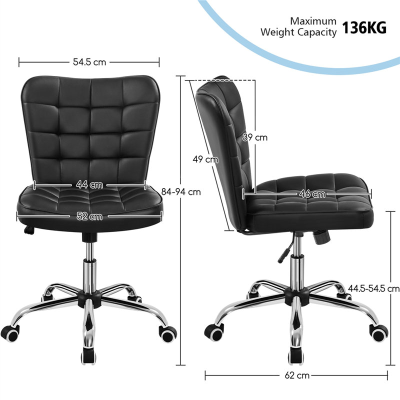 Modern Tufted Armless Leather Desk Chair, Black