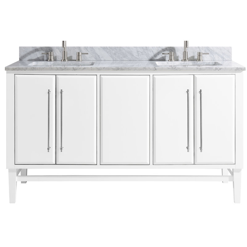 Ewen 61 " W Freestanding Standard Double Vanity Bathroom Vanity With Marble Top with Mirror, White, Brushed Silver