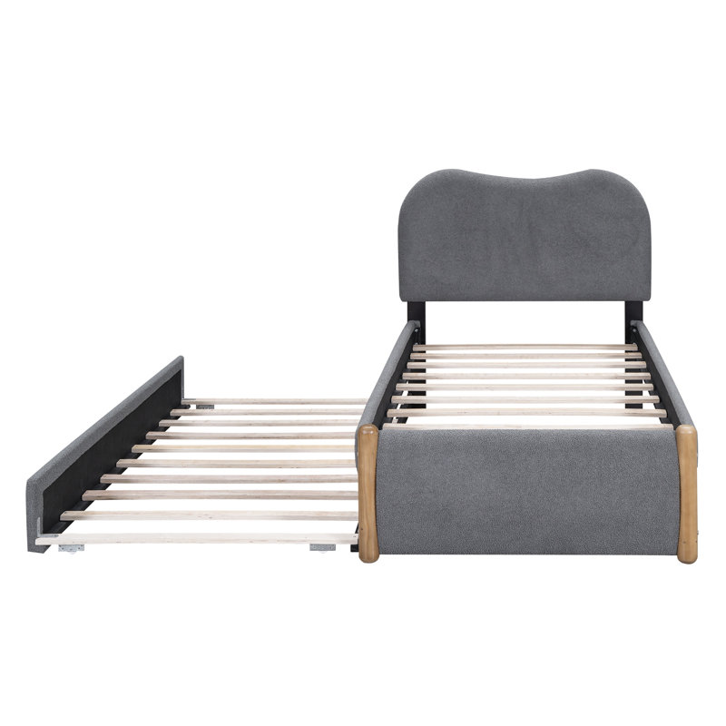 Lit plateforme tapissier gris simple avec lit gigogne, structure en bois massif et tête de lit pour chambre d'enfant, Gris