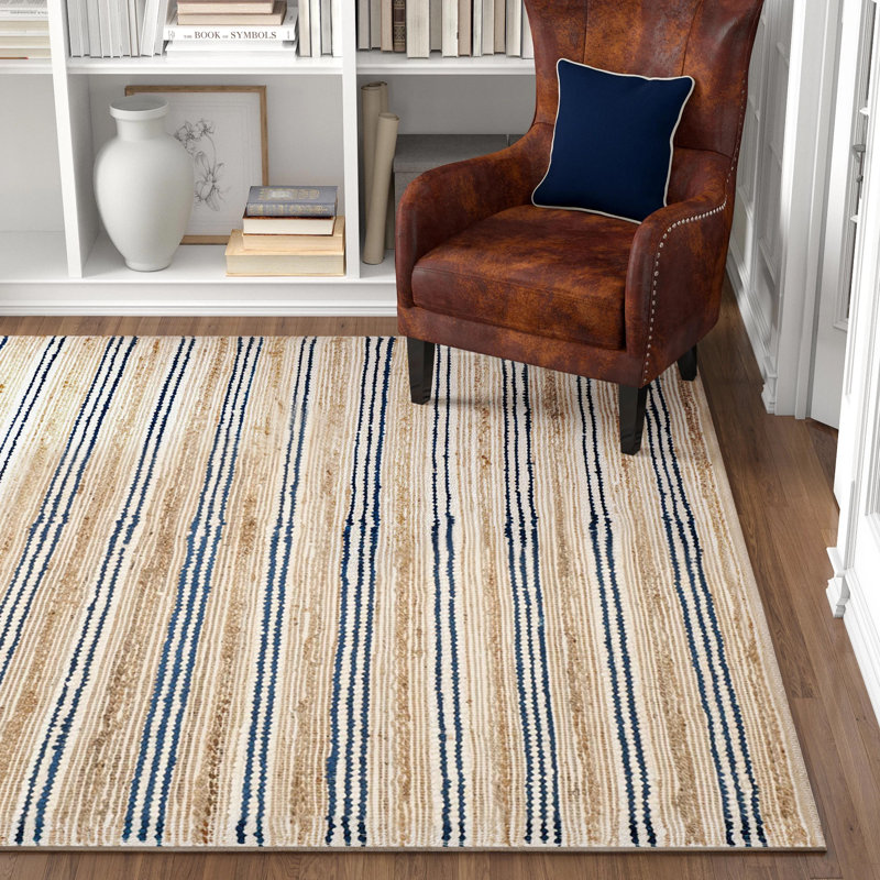 Abhay Hand Woven Cotton/Jute Striped Rug in Natural/Blue, Rectangle 5' x 8'