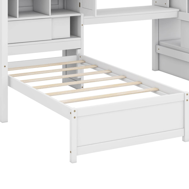 Lit mezzanine simple au-dessus de simple avec bureau intégré, escalier, compartiments de rangement et tablettes, Blanc