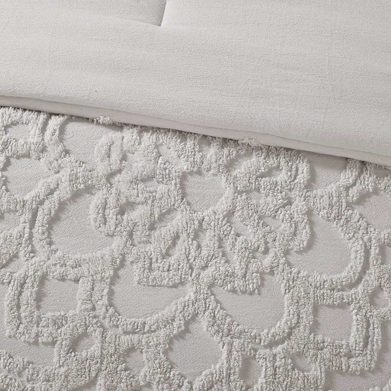 Ensemble d'édredon en chenille de coton touffeté 2 pièces, Édredon pour grand lit + 2 taies décoratives, Gris
