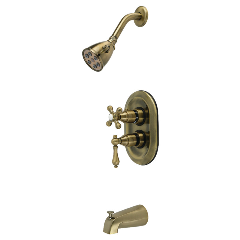 Kingston Brass Restoration Double-Handle 3-Hole Thermostatic Tub and Shower Faucet with Plunger Diverter, Antique Brass