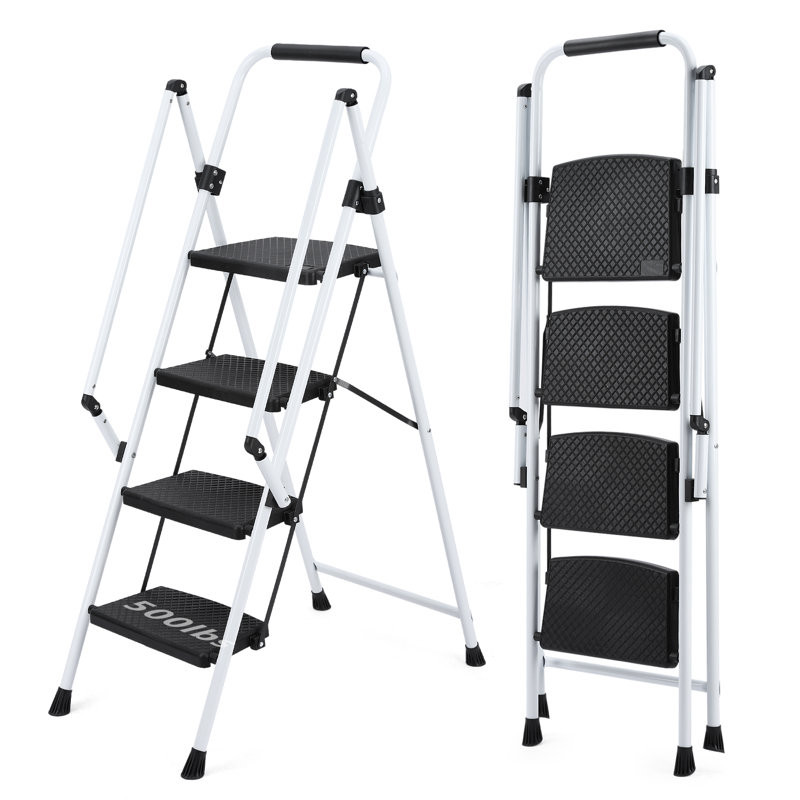 Échelle blanche à quatre marches, tabouret pliant à quatre marches léger, large pédale antidérapante et poignée de sécurité, échelle en acier robuste, échelle polyvalente, utilisable pour la famille, la cuisine, l'ascenseur de bureau