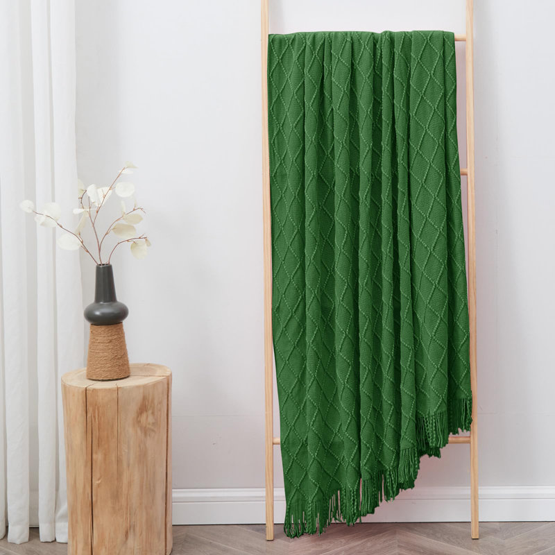 Knitted Blanket with Tassel Trim, Green