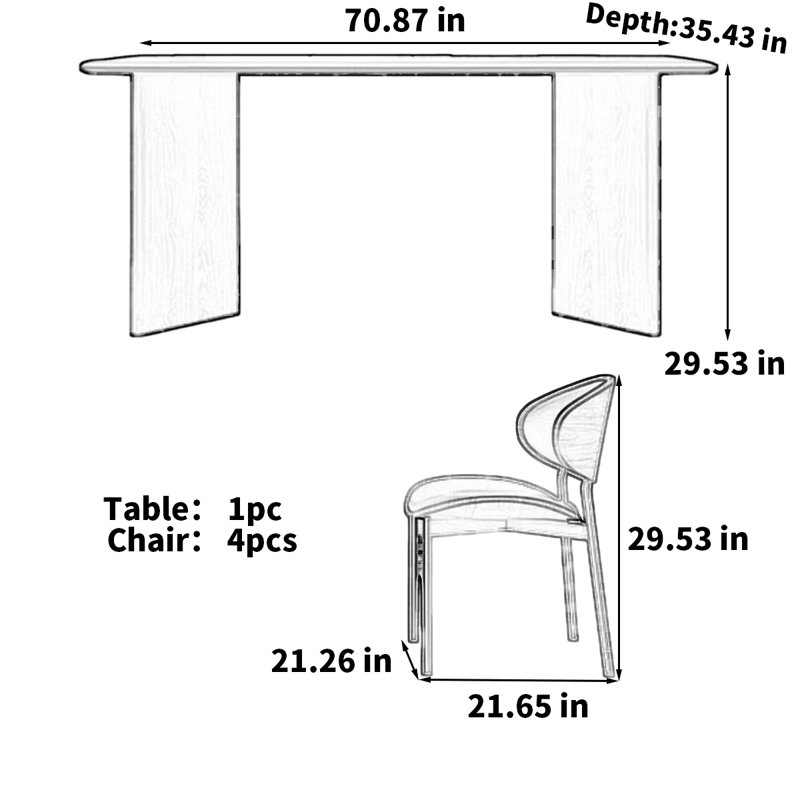Table de salle à manger moderne avec pieds en bois massif, H 29,53 po x L 70,87 po x l 35,43 po