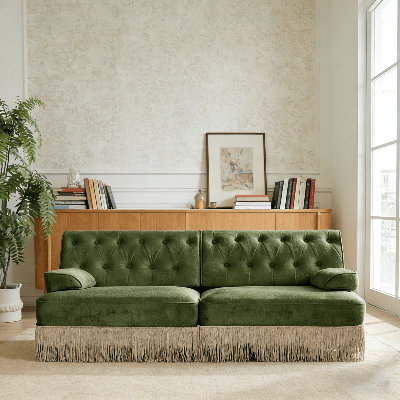 Canapé Chesterfield de 76,6 po en velours capitonné à 2 places avec jupe à franges et rembourrage de plancher, conception modulaire rembourrée pour le salon ou la chambre à coucher