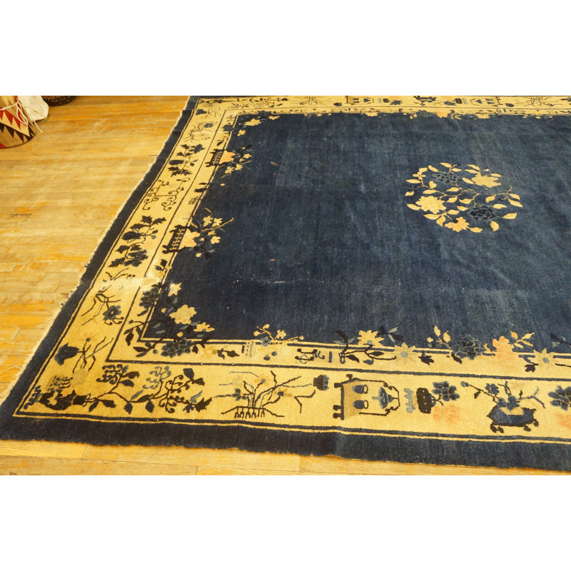 Antique 1900s Rectangle Hand Knotted Pile Wool Blue Rug