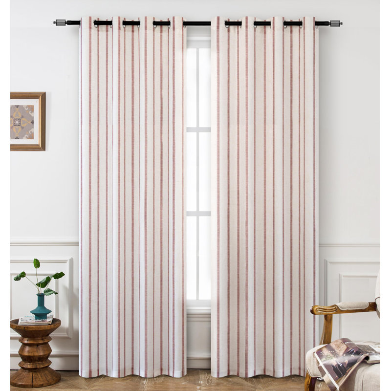 Geza Linen Blend Curtain, Red Stripe/Light Linen, 52" W x 108" L