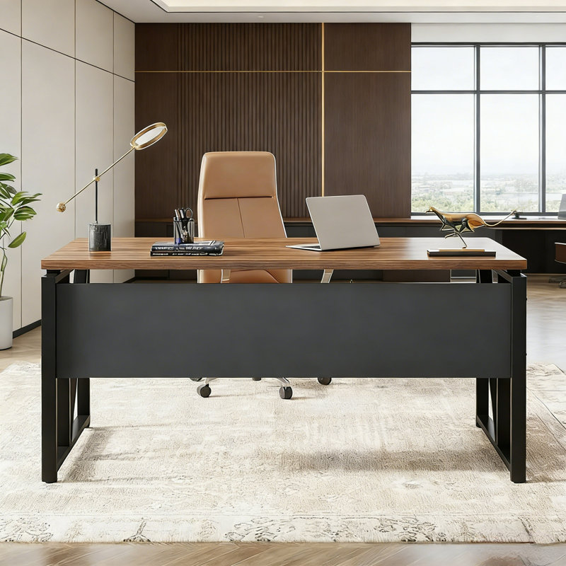 Bureau d'ordinateur de direction moderne de 55 pouces avec structure en métal, convient au bureau à domicile, noyer