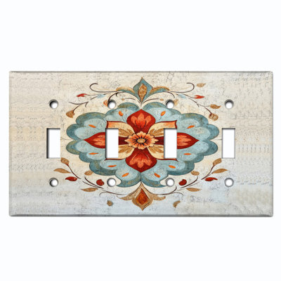 Metal Light Switch Plate Cover; US Standard Size 4 Gang Toggle - Floral Damask Pattern