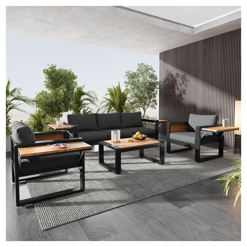 Ensemble de conversation d'extérieur gris en aluminium avec coussins et tables d'appoint pliables 4 pièces Gray