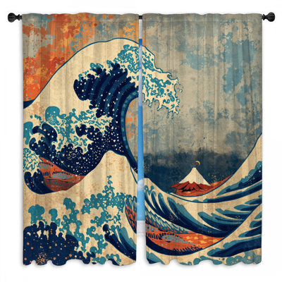 Japanese Ocean Wave Window Curtains Wave Sheer & Room Darkening - 2 Panels
