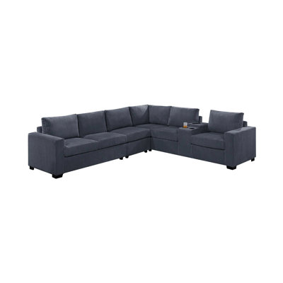 Contemporary 6pc Dark Gray Corduroy Sectional With L - Shaped Layout, Square Arms And Base For Living Room Use Arrangement, Back Port Tech Savvy Users