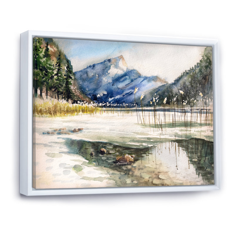 Lac avec paysage de montagne - Peinture sur toile, Cadre flottant blanc, H 24 po x l 32 po x P 1 po