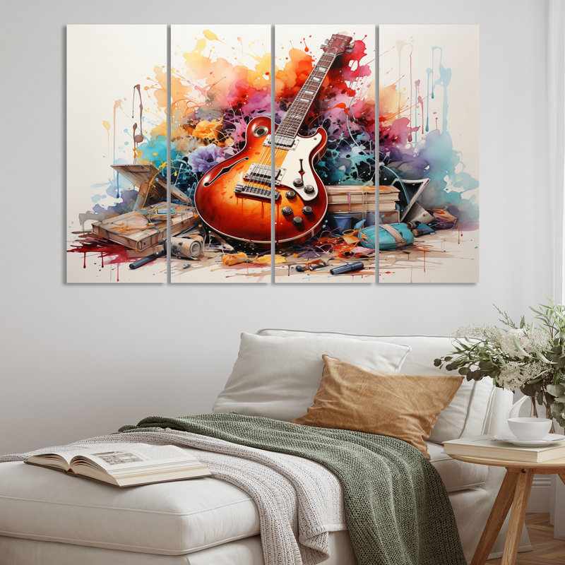 «Dry Watercolor Fire Guitare III», ensemble d'art mural en métal