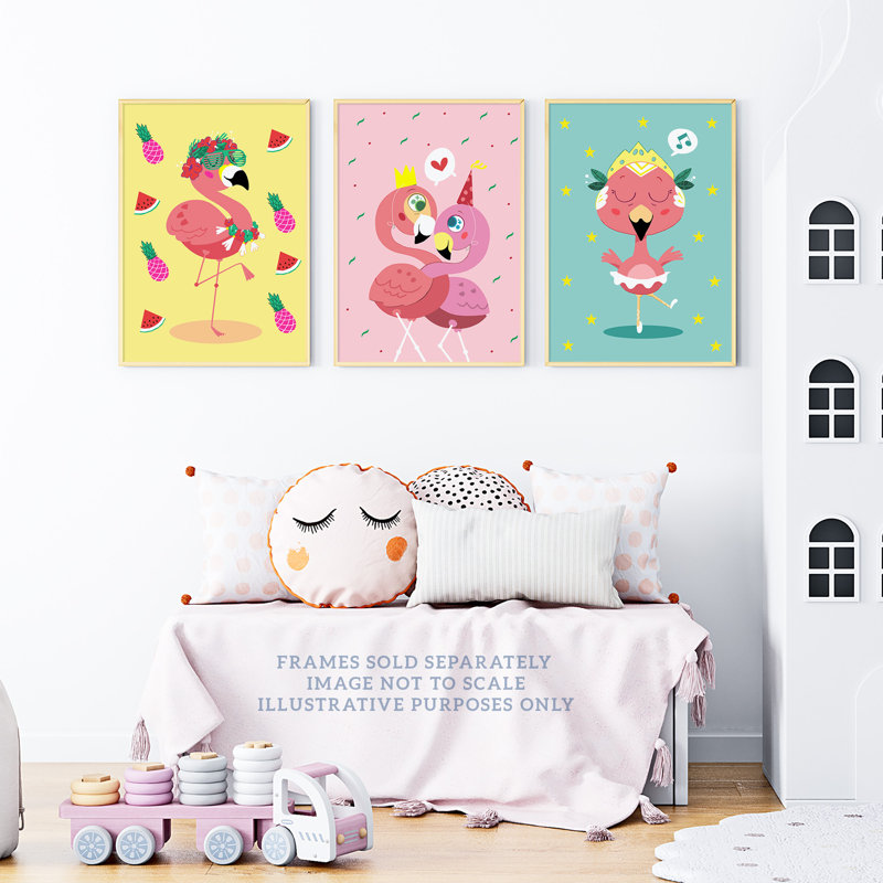 Kids Bedroom Nursery Cute Flamingo Bird Party Ballerina - 3 Piece No Frame Print Set, 40.5cm H x 30.5cm W x 0.3cm D