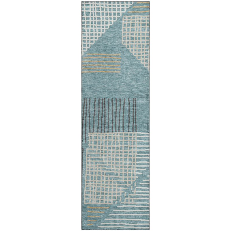 Premium Machine Washable Mayfield AMF2270 Striped Rug, 2'3" x 7'6" Runner, Teal
