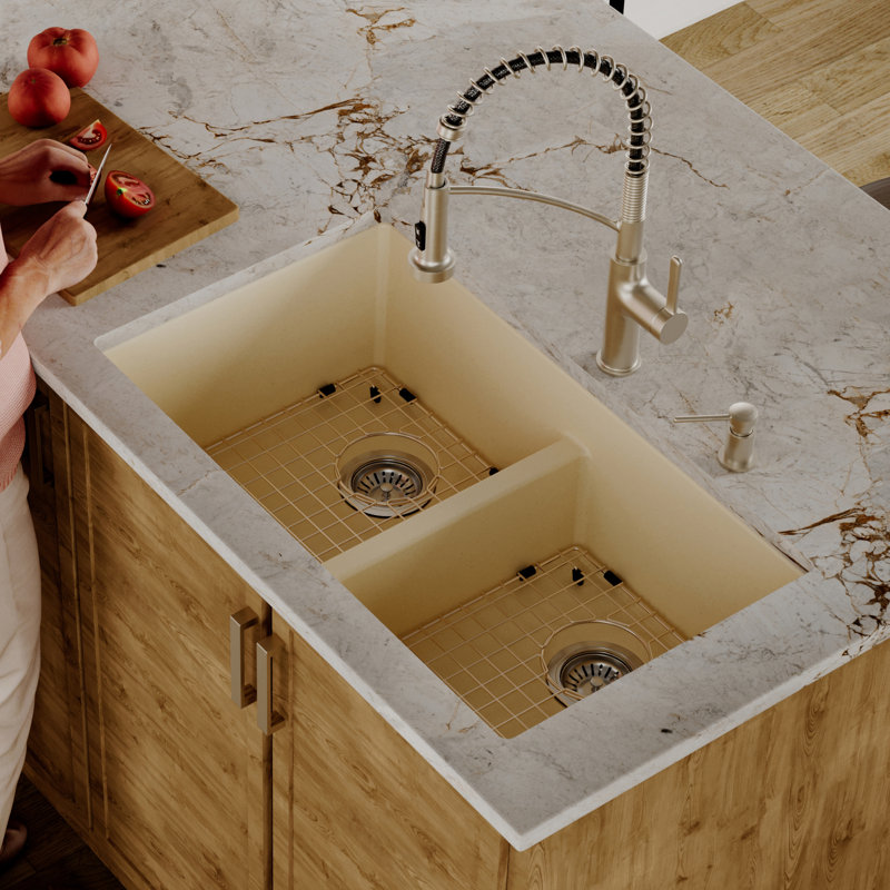 Ensemble d'évier de cuisine à double cuve 50/50 Karran Quartz 32 "X 19-1 / 2", Bisque