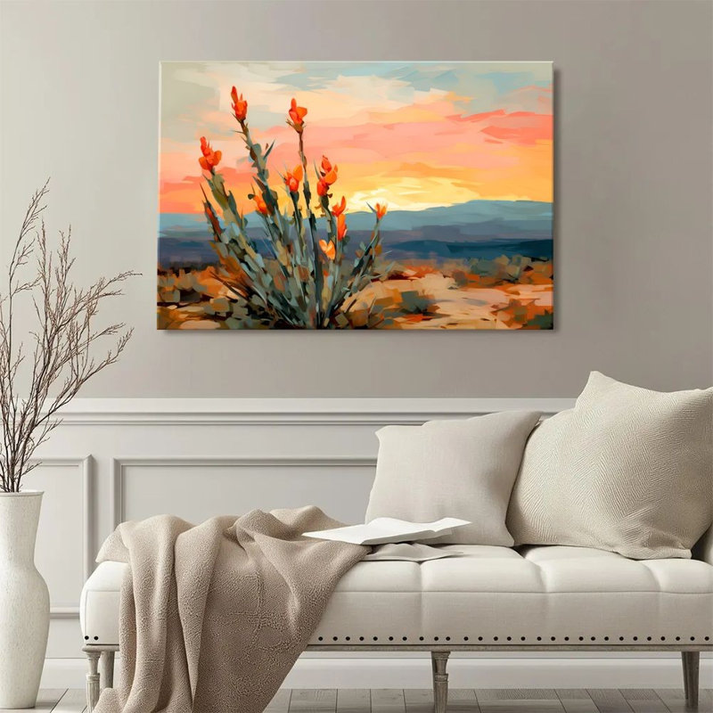 Tableau sur toile - Coucher de soleil dans le désert avec bouquet de fleurs orange, style impressionniste - 61 x 91 cm pour salon et chambre