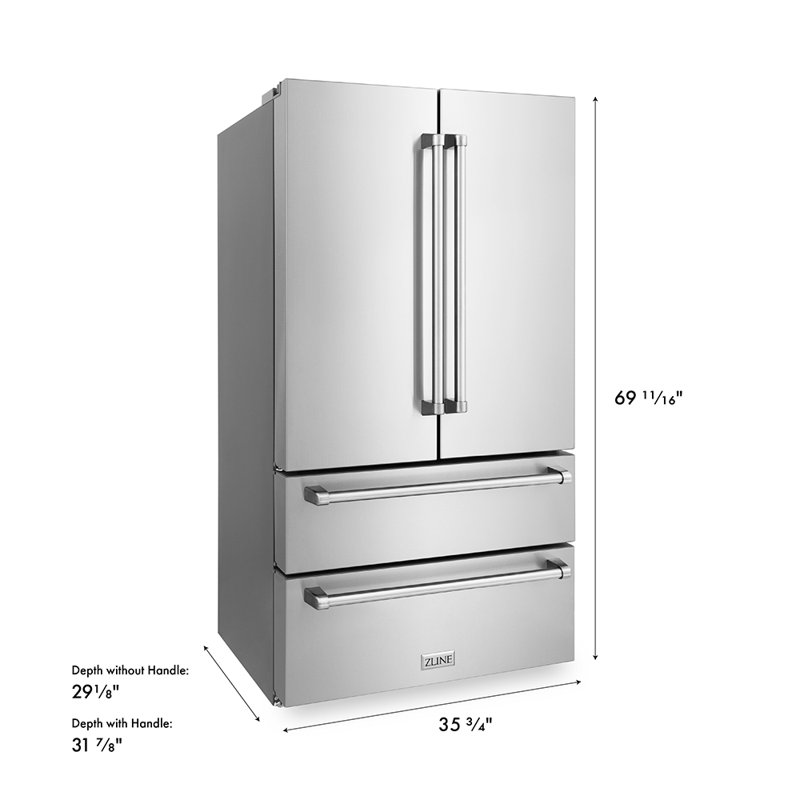 ZLINE 36" 22.5 cu. ft 4-Door French Door Refrigerator with Ice Maker, Stainless Steel