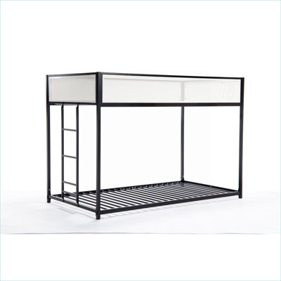 Deep black metal twin over twin bunk bed for space-saving small bedrooms, guest rooms and college dorms with modern mesh guard design