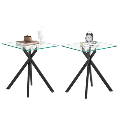 17.72" Square Clear Tempered Glass End Table,Stylish Design with Plated Metal Legs, Side Table for Living Room, 2 pcs