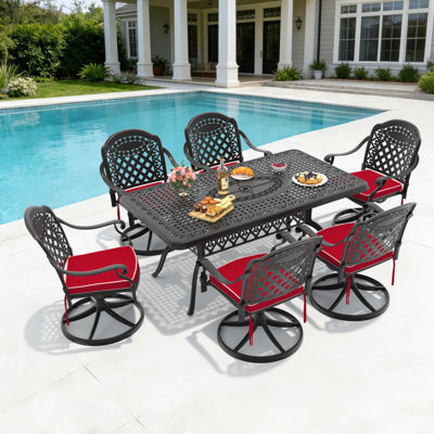 Ensemble de salle à manger de patio en aluminium moulé 7 pièces, table rectangulaire de 170 cm de long avec trou pour parasol et 6 chaises pivotantes avec coussins rouges