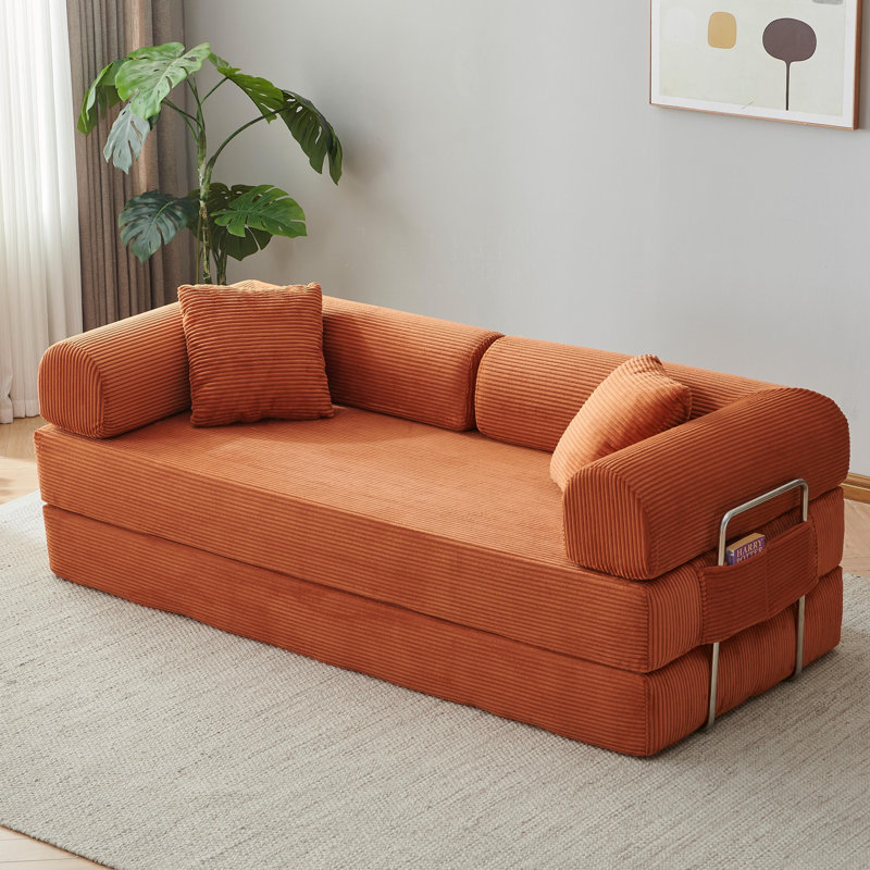 Canapé-lit futon en velours côtelé de 200 cm (78,8 po), convertible en lit de sol avec 2 oreillers et cadre fixe, orange