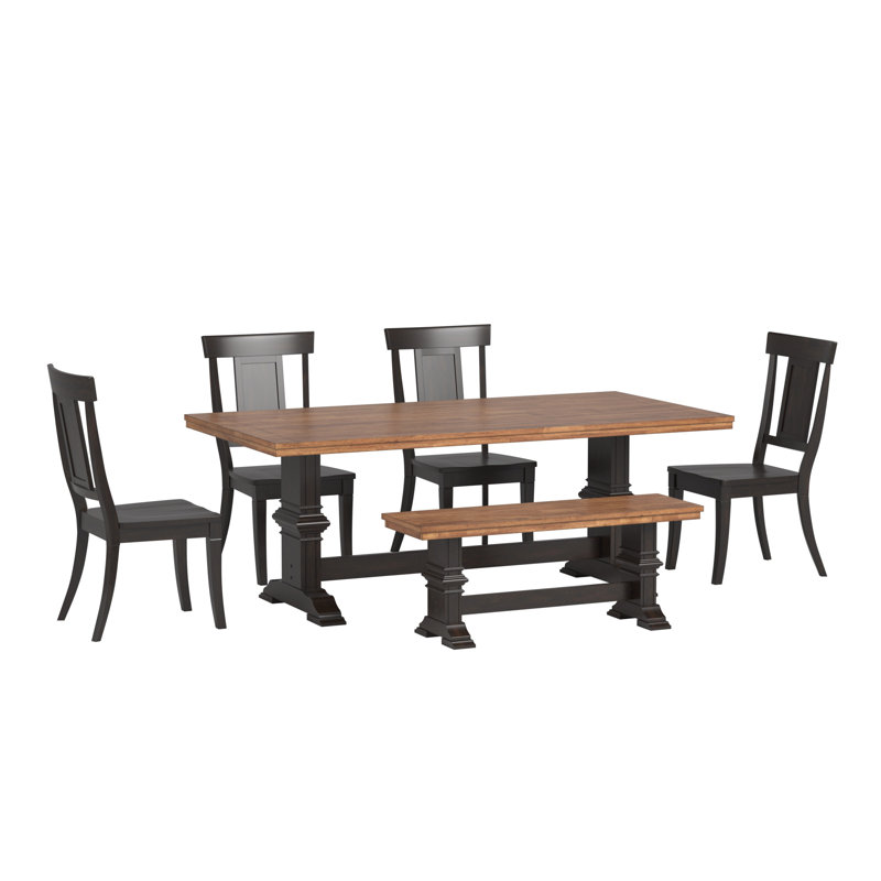 Ensemble de salle à manger Sloan 78 po en bois massif fini chêne avec chaises à dossier à panneaux - 7 pièces, table, chaises et banc à piètement noir antique