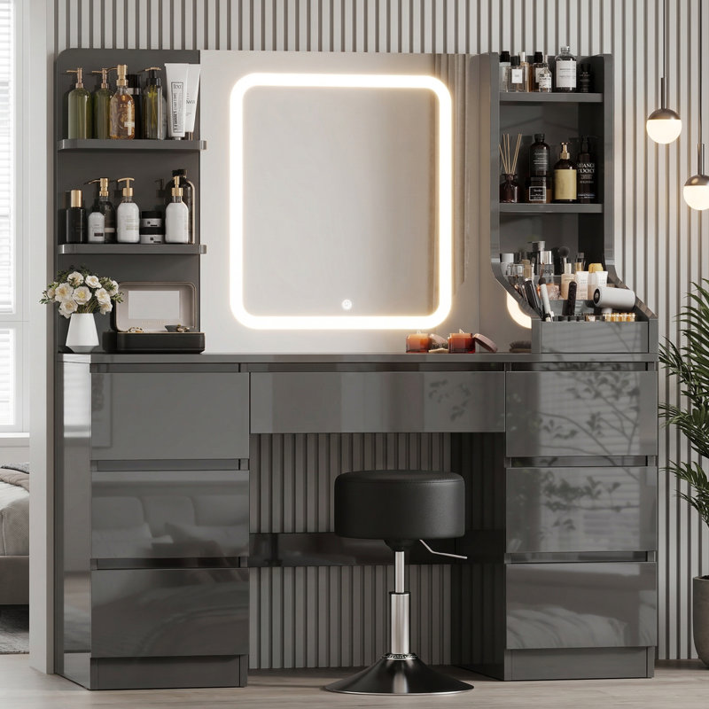 110Cm Desktop Grey Dressing Table 3 Colorful Light Makeup Vanity Table With Stool, Grey