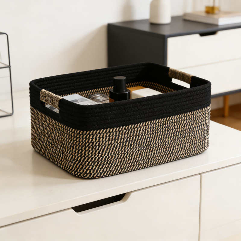 Grand panier de rangement tissé en paquet de 2 avec poignées, bac de rangement en corde de coton pliable pour tablettes, placard, cuisine, jouets et rangement