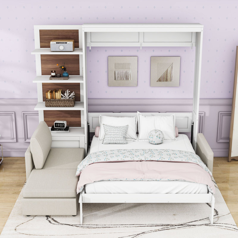 Grand lit escamotable en bois avec tablettes et canapé, Blanc