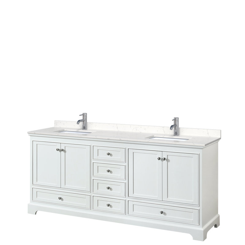Deborah 80'' Double Bathroom Vanity with Marble Top, White, Carrara Cultured Marble, Matte Black