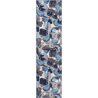 Florentia Floral Black/Gray/Cream Non-Slip Rubberback Area Rug