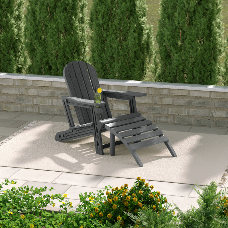 Outdoor Poly Adirondack Chair With Ottoman, Gray