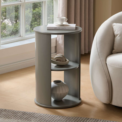 Table d'appoint ronde avec rangement, petite table de bout décorative à 3 niveaux pour salon, chambre à coucher, chevet, bureau, table de chevet compacte - gris