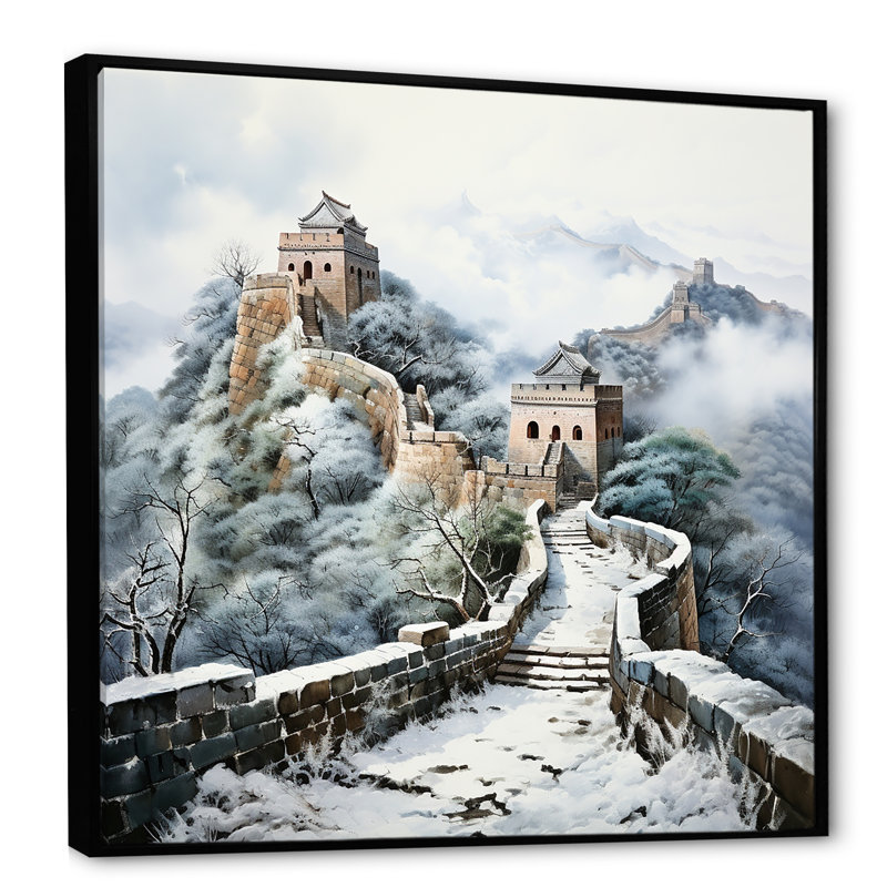 Grande muraille de Chine en hiver 1 - Art mural Chine, Cadre flottant noir, H 30 po x l 30 po x P 1,5 po