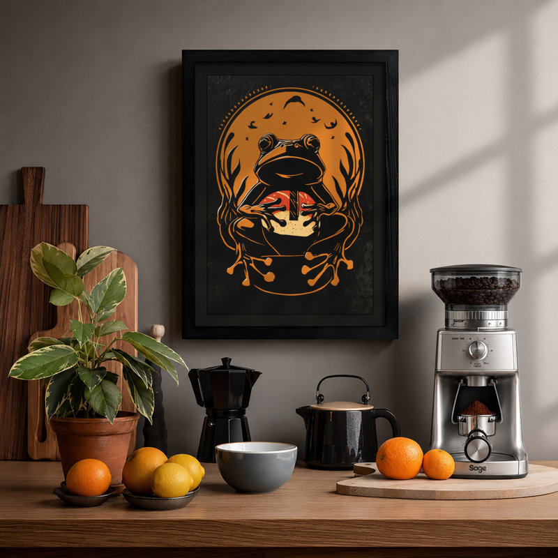 Frog in Autumn Moon Rustic - Framed Print, A1 - 84.1 x 59.4 cm, Black