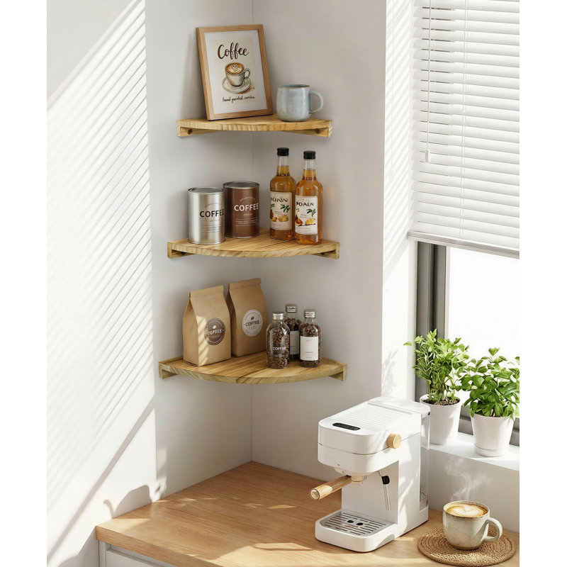 Set of 3 Rustic Wood Floating Corner Shelves – Vintage Burnt Pine Wall-Mounted Bookshelf with Rounded End for Bathroom, Kitchen, Bedroom & Living Room