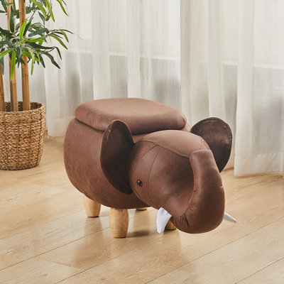 Upholstered Animal Storage Ottoman Footrest Stool, Vivid Adorable Elephant,Brown