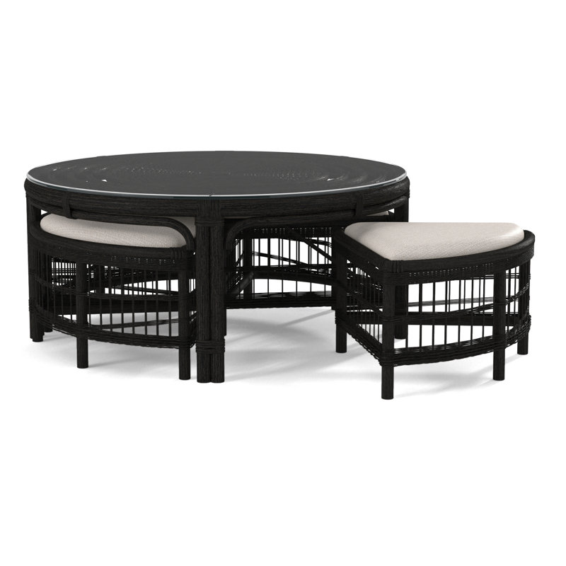 Table basse en rotin avec bancs Raffles, Noir, noir, noir, noir, Performance texturée blanche; 0865-91