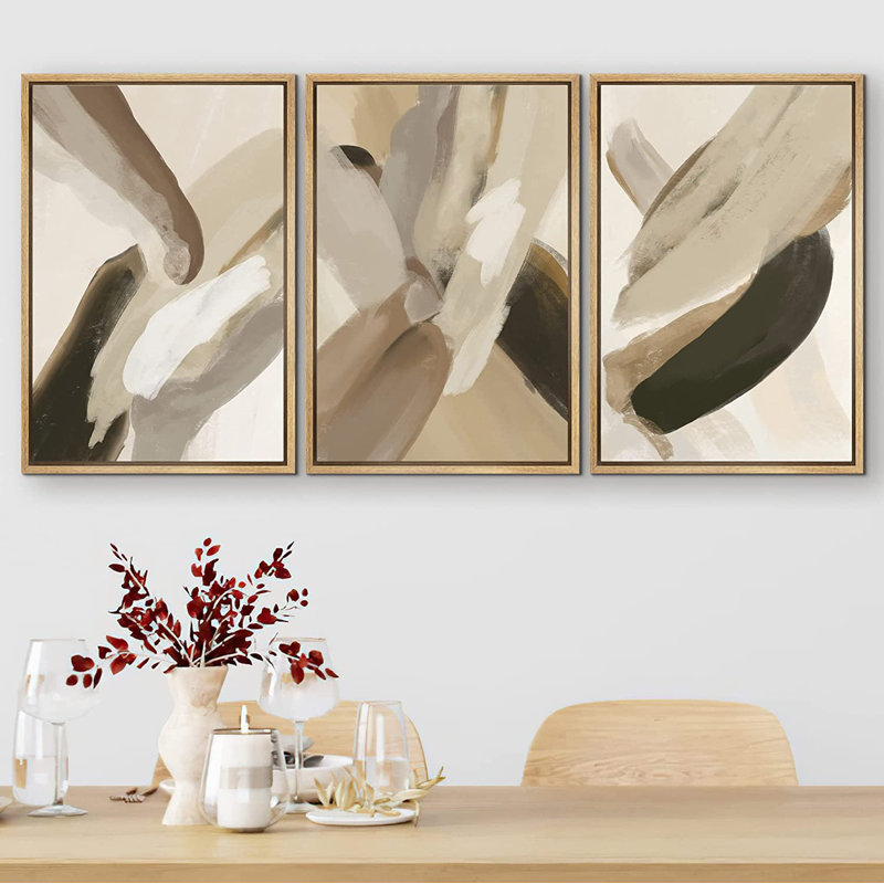 Ensemble de 3 peintures sur toile avec cadre flottant, H 36 po x l 72 po x P 1,5 po, Naturel