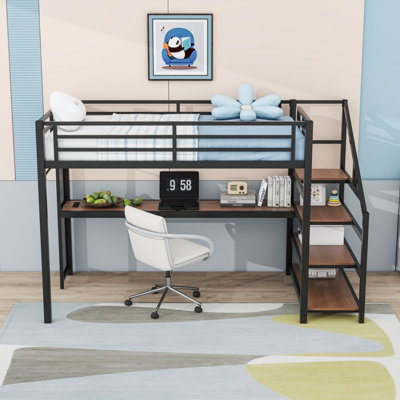 Lit mezzanine simple TG avec bureau intégré, escalier de rangement, lumières DEL, filets métalliques et ports USB