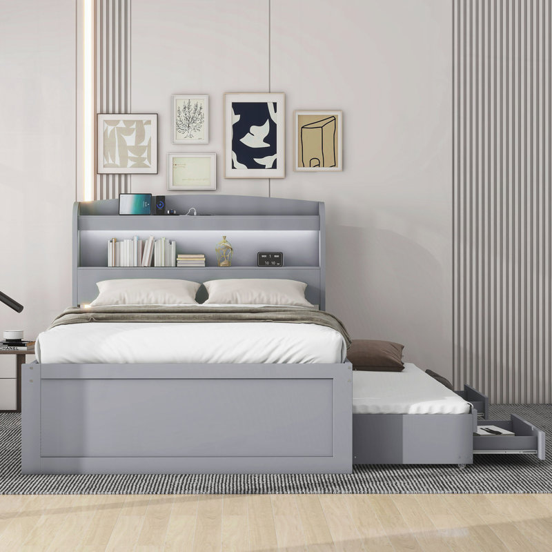 Bed With Trundle, Drawers and Outlet, Gray, Full