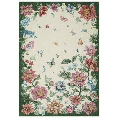 8x10 Floral Washable Area Rug Low Pile Carpet With Non Slip Base and Stain Resistant Finish for Living Bedroom and Dining Spaces, Beige