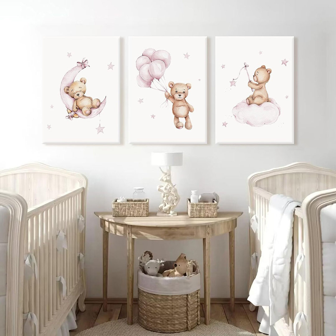 Bear Nursery Wall Art Decor Teddy Bear Wall Art Baby Girl Canvas Wall Decor Pink Pictures Balloon Nursery Children Prints Artwork Moon Star Cloud Art
