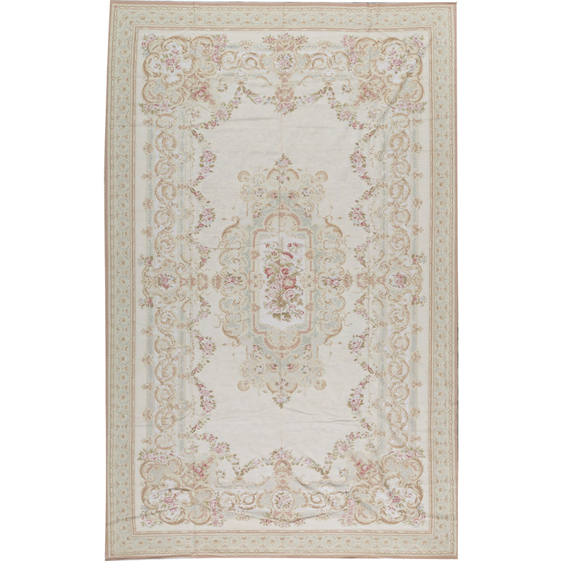Tapis ivoire et vert noué à la main de haute qualité