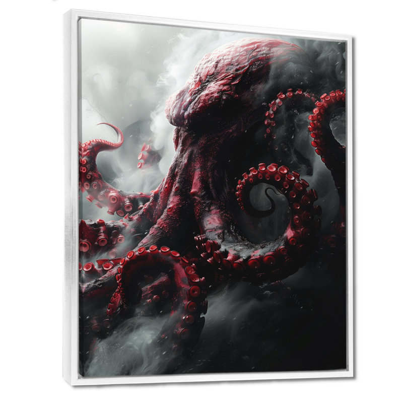  «Red Grey Kraken Mythical Creature I - Mythical Creatures, art mural, Cadre flottant blanc, bois massif, H 12 po x l 20 po