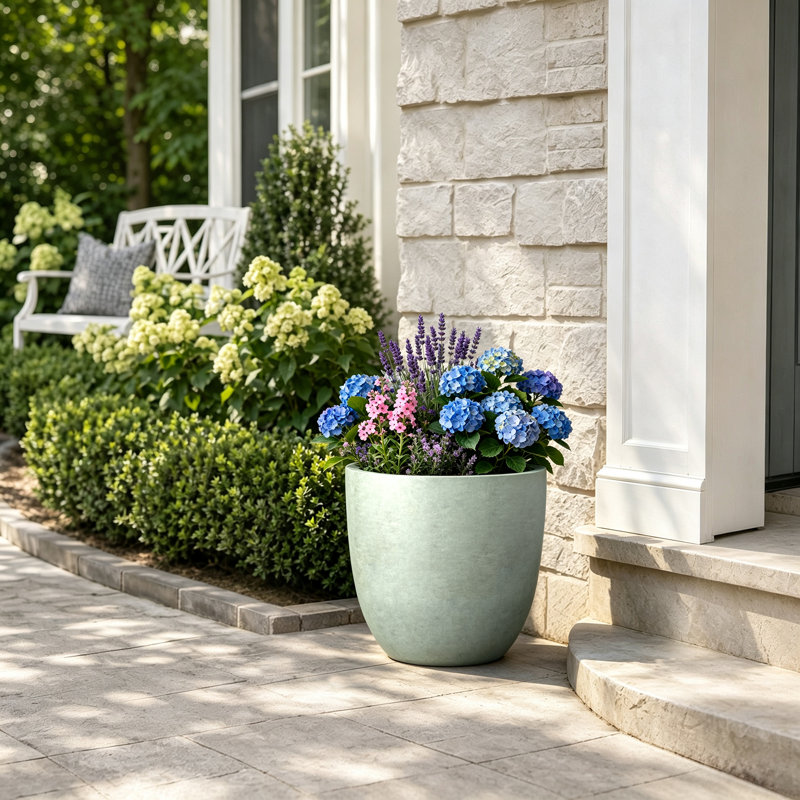 Pot à fleurs / pot rond en béton avec trous de drainage, H 17,72 po x l 17,72 po x P 16,93 po, Gris sauge